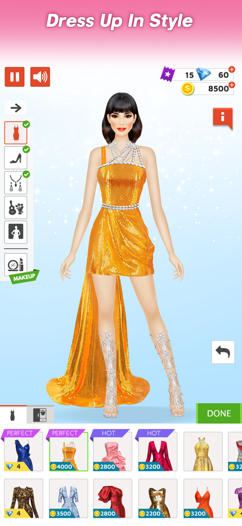 Una modelo de moda vistiendo un glamuroso vestido de lentejuelas naranja y accesorios plateados en el juego Dress Up Stylist