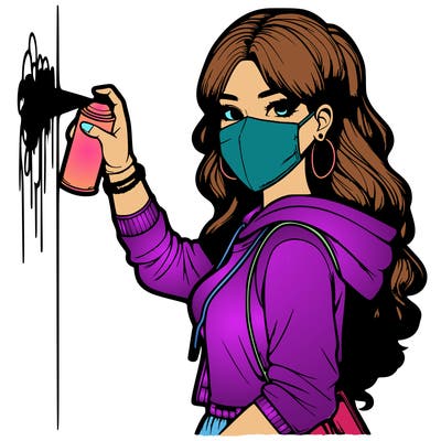 realistic girl with mask spray painting a wall
