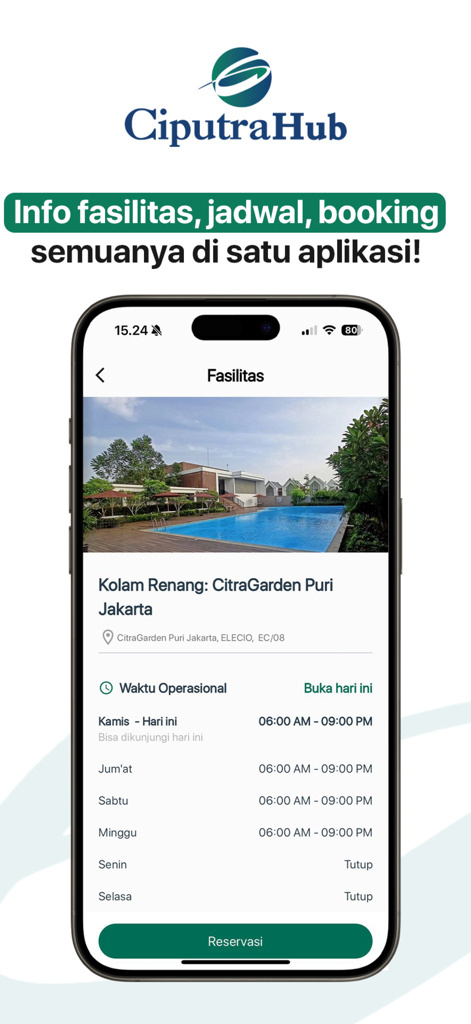 Ciputra Hub - Ciputra Hub app interface showing swimming pool facility details, operating hours, and a reservation button.