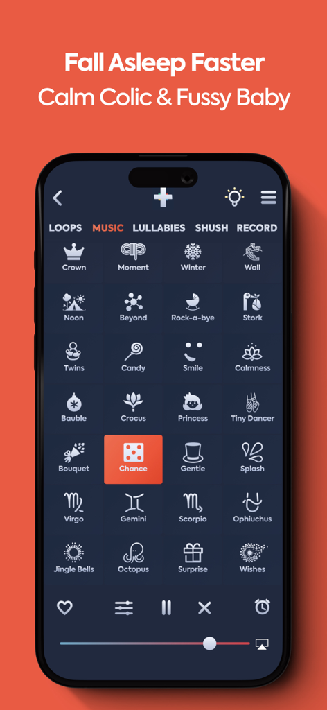 Schermo di uno smartphone che mostra l'interfaccia di selezione dei suoni musicali dell'app Guva white noise