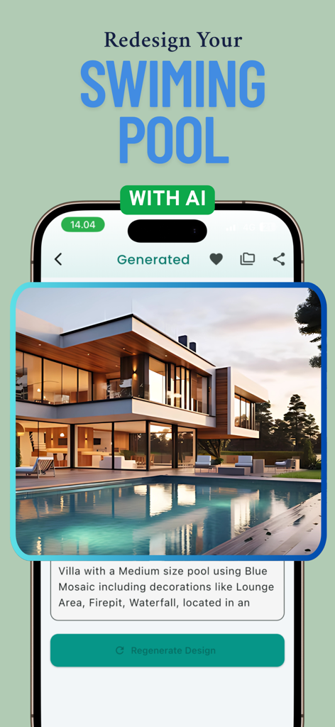 AI Pool Design: Landscape AI - Pantalla de smartphone mostrando la aplicación AI Pool Design generando una villa moderna de lujo con piscina