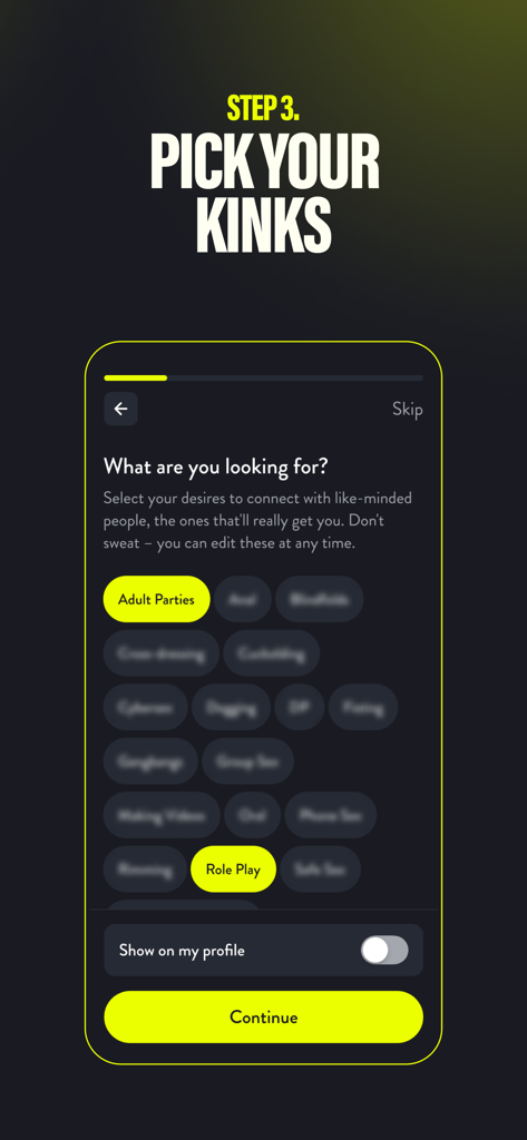 Interface of the Pineapple Lifestyle app showing the step to select kinks and interests like Adult Parties and Role Play.