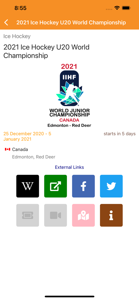 All Sport DB Live - All Sport DB LiveアプリでアイスホッケーU20世界選手権の詳細と外部リンクを表示する画面。