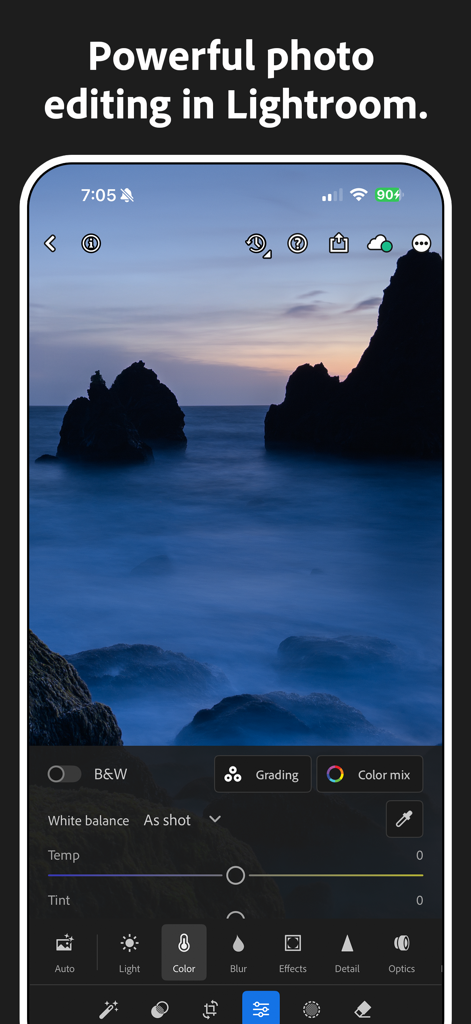 Editing a long exposure seascape in Adobe Lightroom via Project Indigo integration.