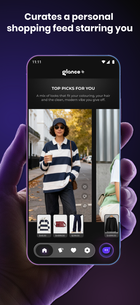 Glance - Shop with AI - A mobile screen showing the Glance app interface with a curated personal shopping feed and AI-styled fashion picks.