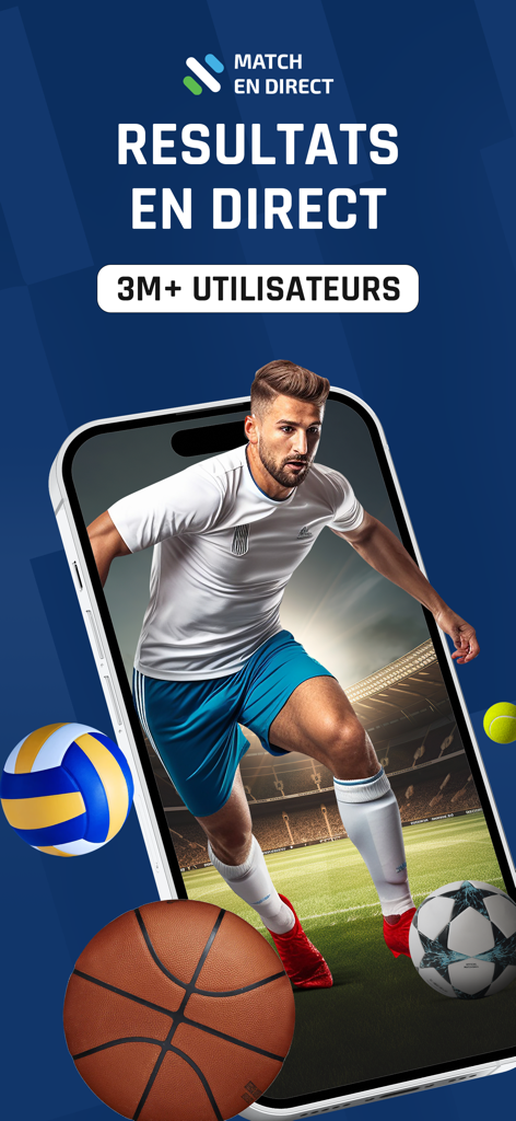 Match en Direct app interface displaying live sports results and a soccer player