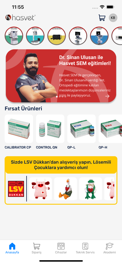 Hasvet - Tela inicial do aplicativo móvel Hasvet apresentando equipamentos e produtos médicos veterinários