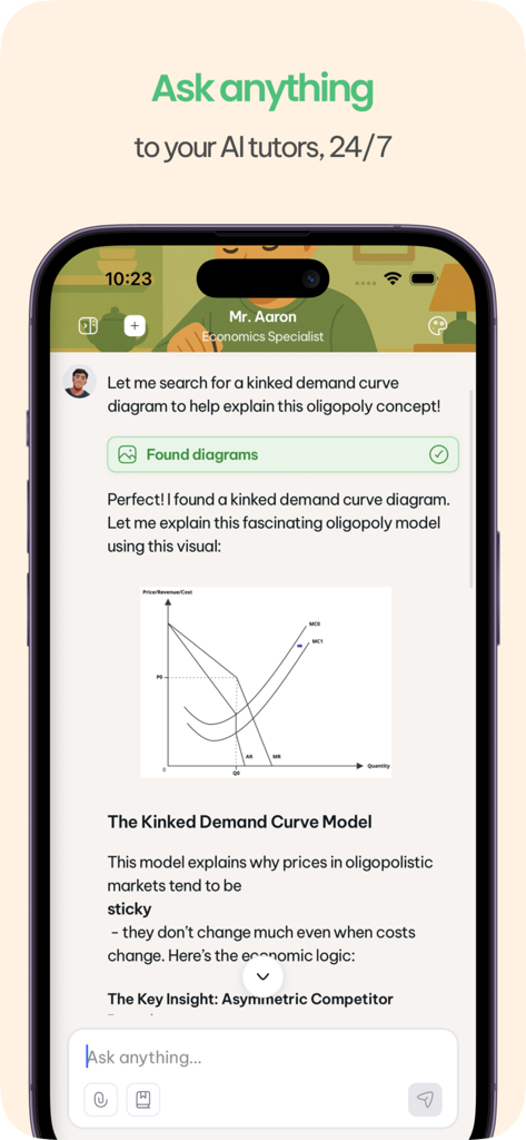 Pallo - A mobile interface of the Pallo app where an AI tutor explains the kinked demand curve model with a detailed diagram