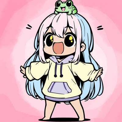 a excited chibi girl whith long hair and a baggy shirt whith a frog on there head