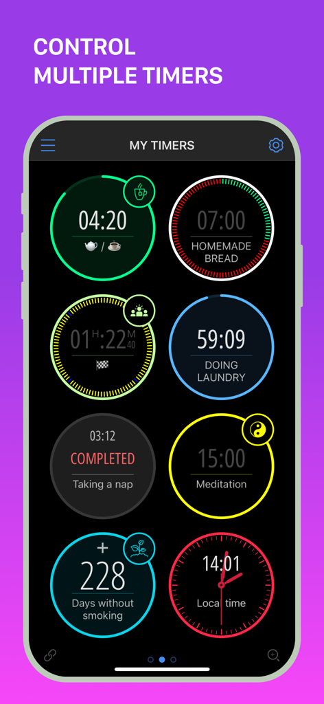 MultiTimer app interface showing a dashboard with various active timers for cooking laundry and meditation