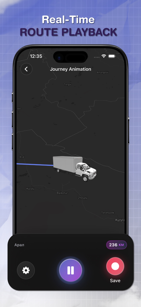 MapVibe: Travel Video Maker - Interfaz de la aplicación MapVibe mostrando un camión 3D moviéndose a lo largo de una ruta en un mapa oscuro para animación de video de viajes