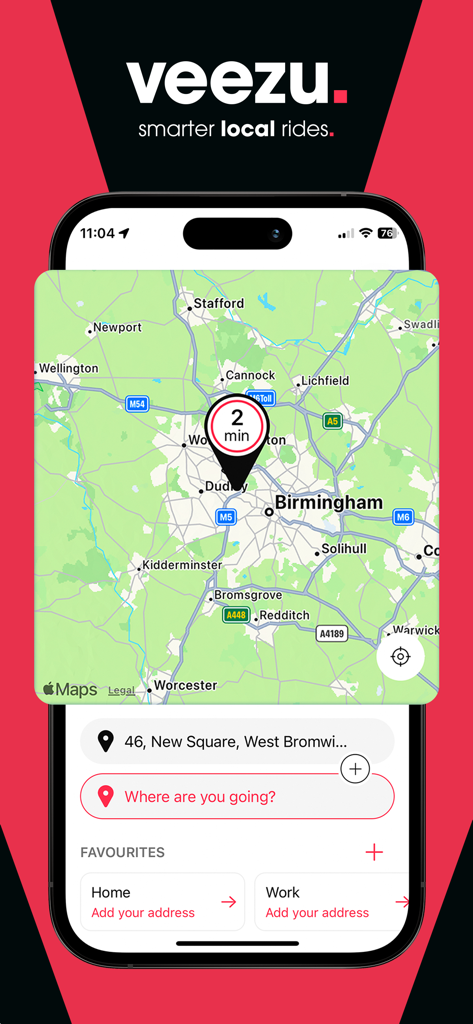 Veezu Taxi UK | Request a Ride - Veezu Taxi-App-Oberfläche, die eine Karte von Birmingham mit geschätzter Ankunftszeit und Zielsuche zeigt