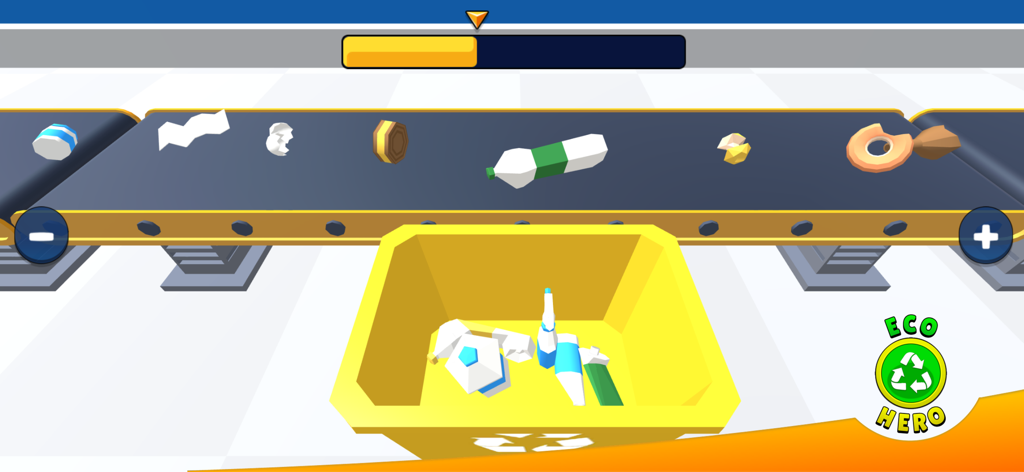 City Patrol: Rescue Vehicles - A waste sorting mini game featuring a conveyor belt and yellow recycling bin
