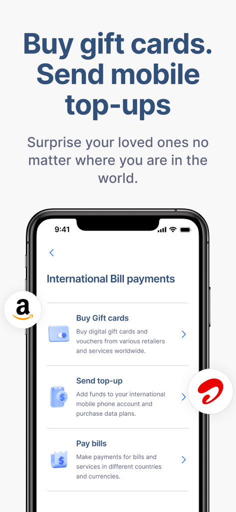 RemitBee Quick Money Transfer - RemitBee app screen showing gift card and mobile top up options