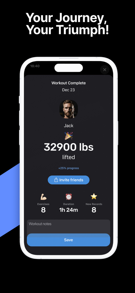 Fitness AI app summary screen showing workout stats and progress metrics