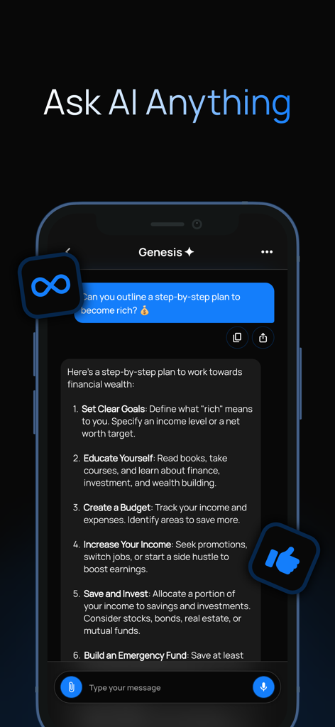 Genesis AI chatbot interface showing a step by step financial plan in response to a user prompt