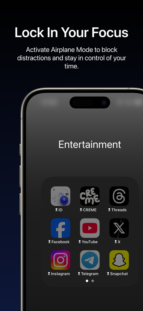 Smartphone screen showing blocked social media apps through FocusFlight's Airplane Mode feature to prevent distractions