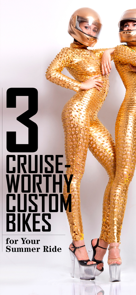 Lifestyle For Men Magazine - Two models in gold bodysuits and motorcycle helmets for a custom bike article
