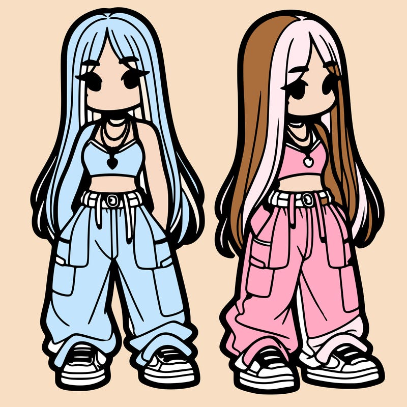 girl in baggy pants crop top and long hair