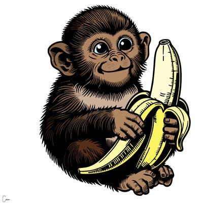 realistic monkey eating a realistic banana