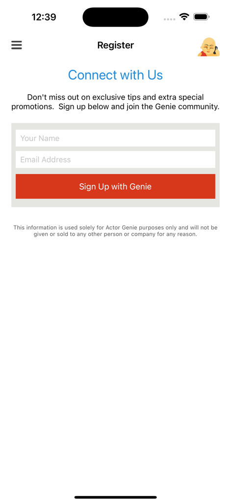 Actor Genie App - アクター・ジーニーアプリの登録画面。名前とメールアドレスのサインアップフォームが表示されています。