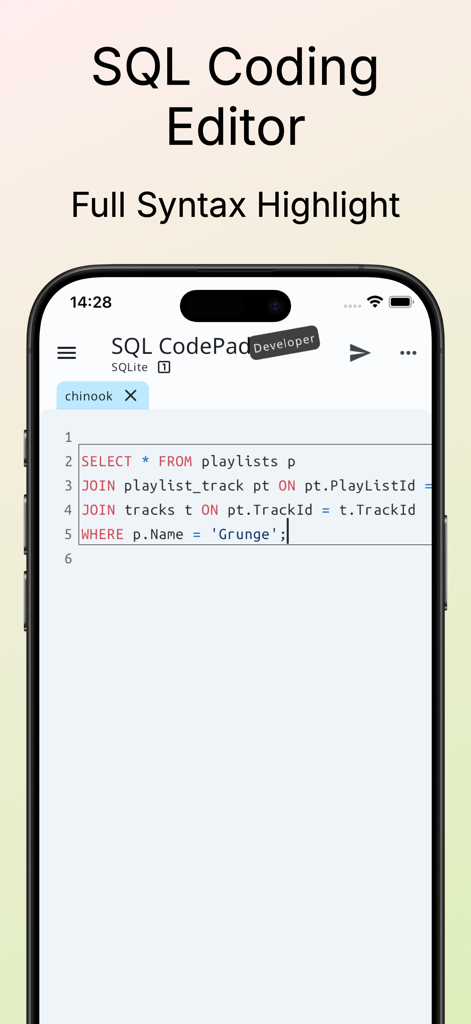 SQL Database Manager DB Client - Interface do editor de código SQL com realce de sintaxe completo para gerenciamento de banco de dados móvel.
