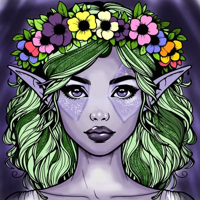 realistic female elf with flower crown