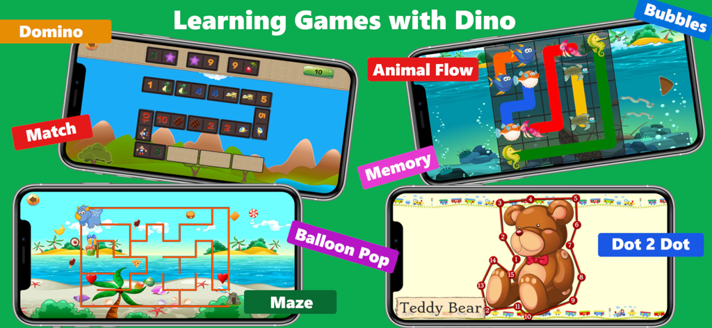 Dinosaur Dots Connect for kids - A collection of educational mini-games for kids featuring mazes, dominoes, and connect the dots activities.