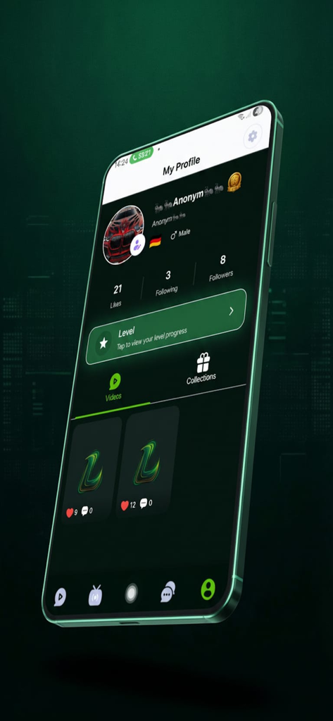 Ora Live - Schermata del profilo utente dell'app Ora Live che mostra conteggi di follower, mi piace e un feed video con un tema verde scuro.
