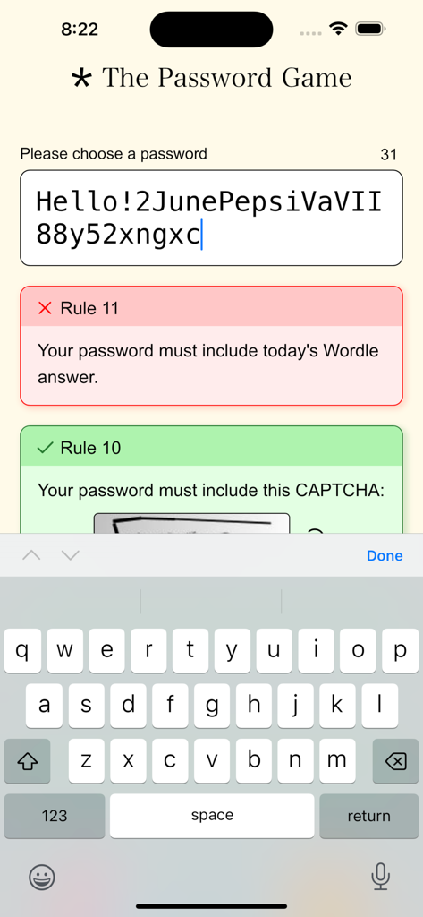 Jugabilidad de The Password Game que muestra una regla que requiere la respuesta actual de Wordle en el campo de contraseña.