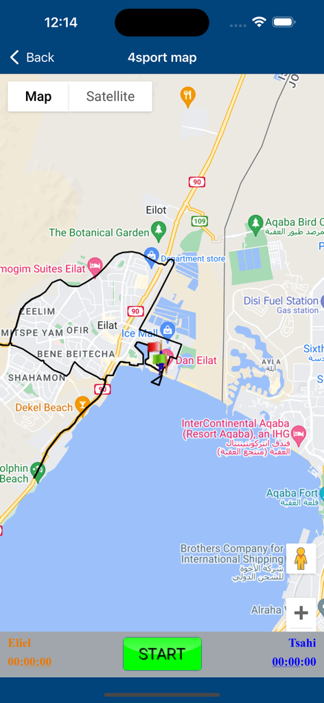 A map within the Israman app showing the triathlon race route and live tracking in Eilat