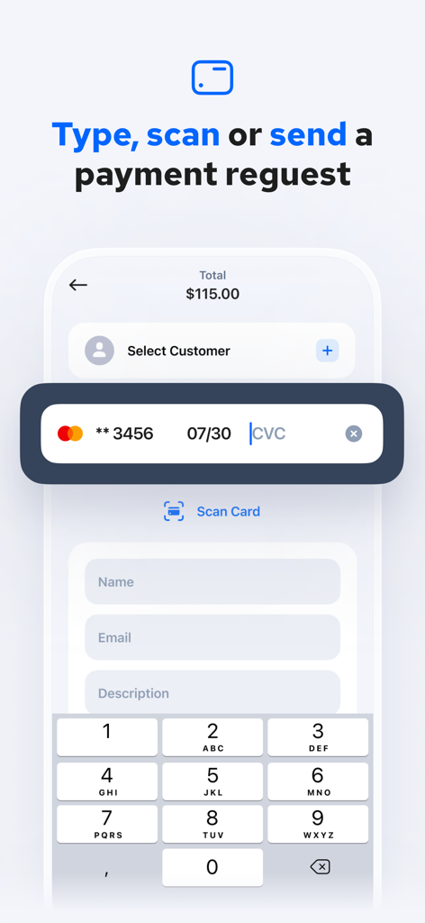 ChargeStripe - Stripe Payments - Interface for manual credit card entry and scanning in the ChargeStripe app