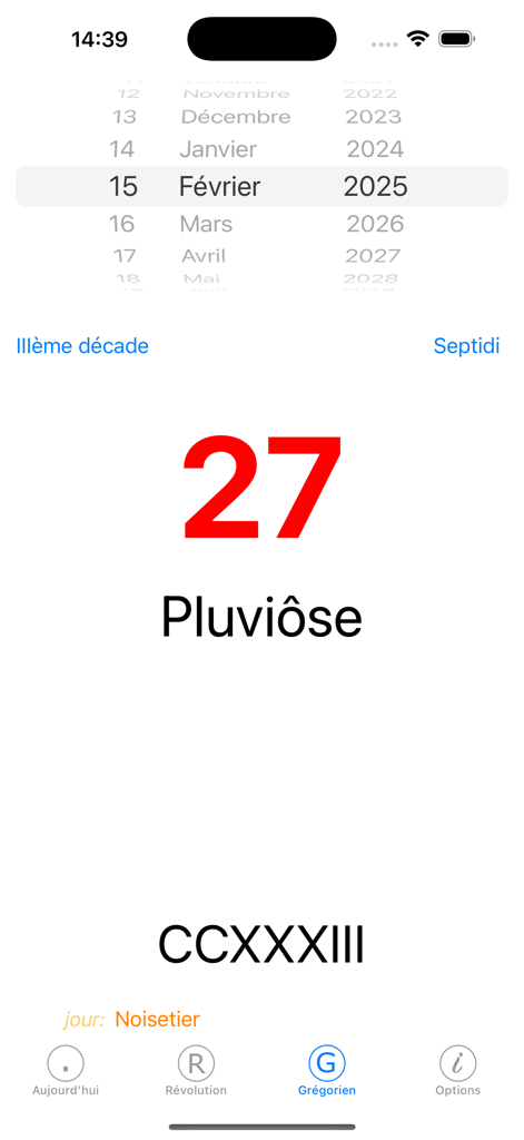 Interfaz de la aplicación Prairial que muestra la conversión del 15 de febrero de 2025 a la fecha revolucionaria francesa 27 Pluviose Año CCXXXIII