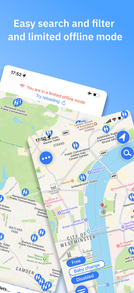 Toilets4London - バリアフリートイレの検索フィルターとオフラインモードインジケーターを備えたToilets4Londonアプリのマップビュー