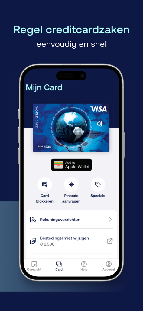 Panel de la aplicación ICS Creditcard que muestra una tarjeta Visa y el botón Añadir a la cartera de Apple