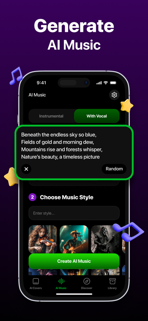 AI Music Maker Song Generator - AI Music Maker app interface showing lyrics input and style selection for song generation