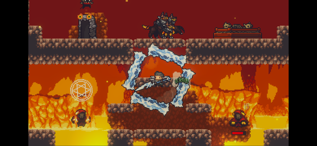 Dungreed - Dungreed gameplay showing a character fighting monsters in a lava dungeon level