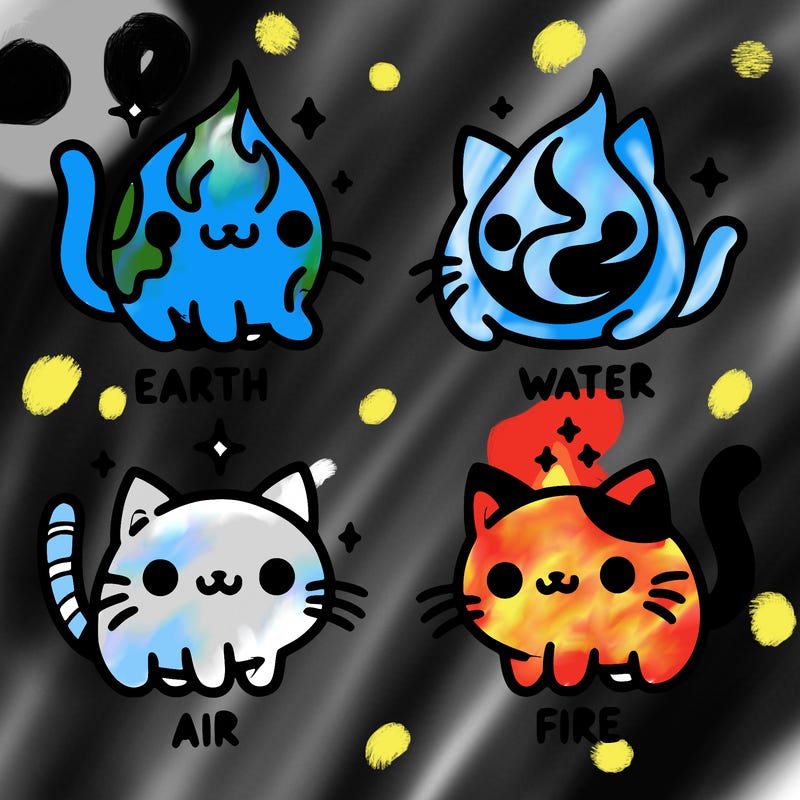 4 cats that represent the different elements, earth, water, air, and fire