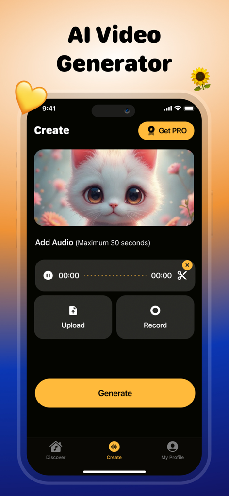 Pet Videos: Cat,Dog Translator - カスタムオーディオで話す猫の動画を作成するためのツールを示すAIペット動画ジェネレーターアプリのインターフェース