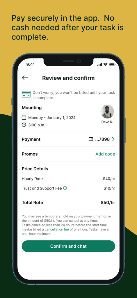 Taskrabbit - Handyman & more - Taskrabbit app interface showing booking confirmation and transparent pricing for a mounting task.