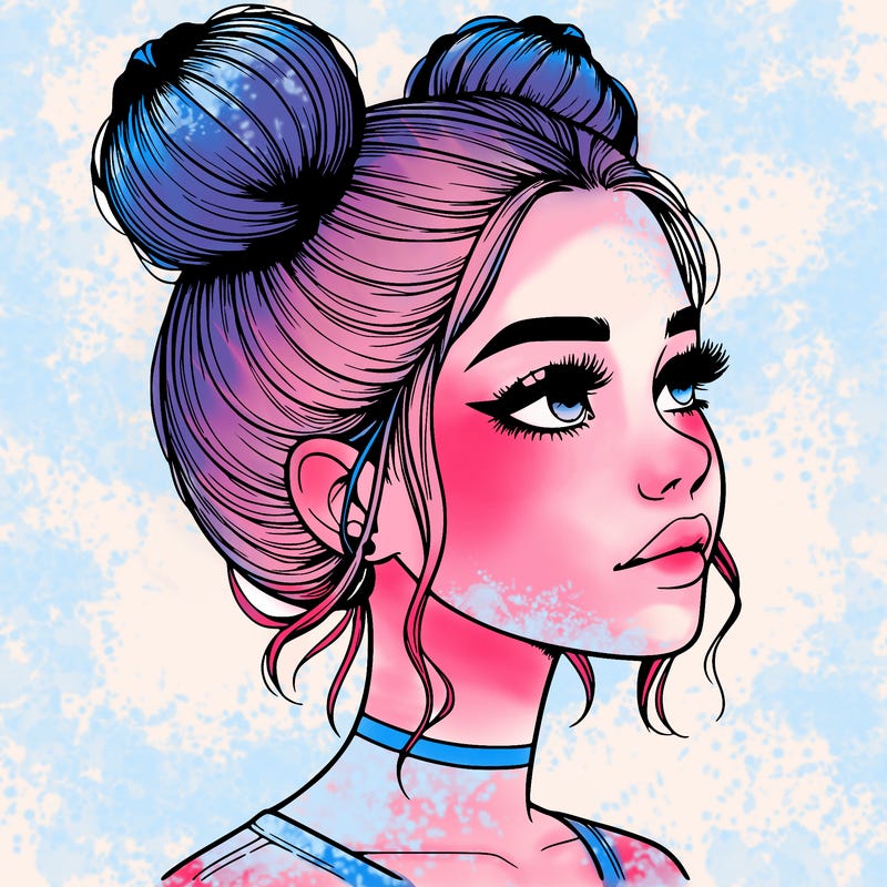 realistic girl with buns on the top of her head