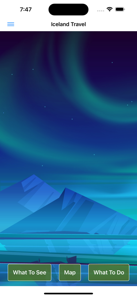 Iceland Travel Guide - Interfaz principal de la aplicación Guía de Viaje de Islandia con una ilustración de auroras boreales y botones para ver qué ver, mapa y qué hacer