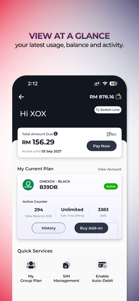 XOX 5G mobile app dashboard displaying data balance, current plan details, and quick services