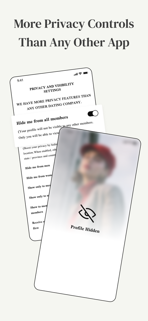 MM: Elite Premium Dating App - Impostazioni di privacy e visibilità nell'app MillionaireMatch che mostrano le funzionalità di sicurezza del profilo di incontri d'élite