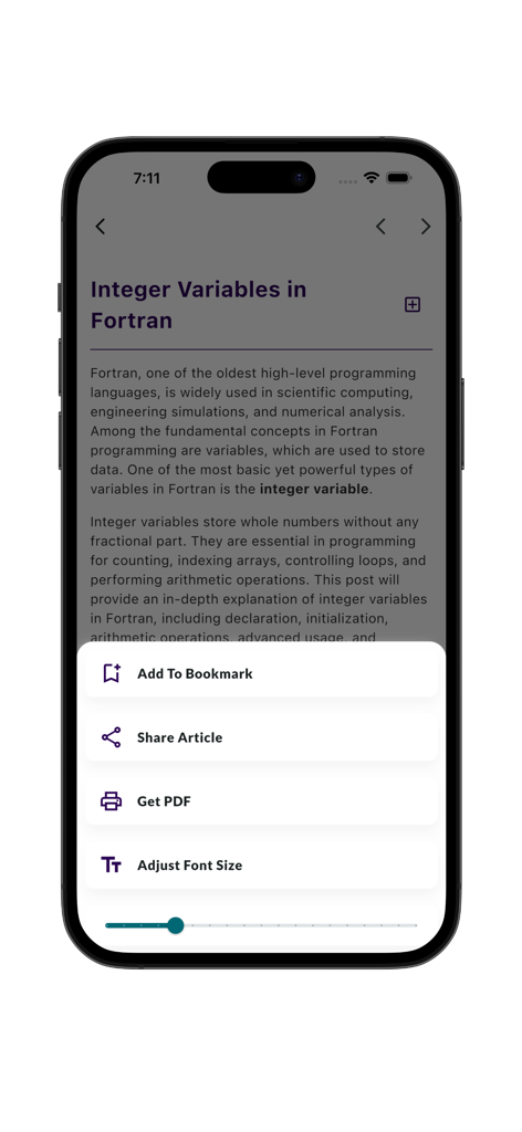 Interface of the Learn Fortran Programming app showing a lesson on integer variables with a menu for bookmarks and sharing