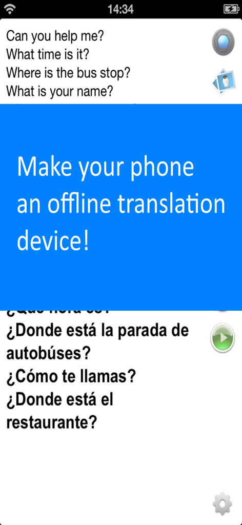 Interface of the Offline Translator Pro app showing English to Spanish phrase translations