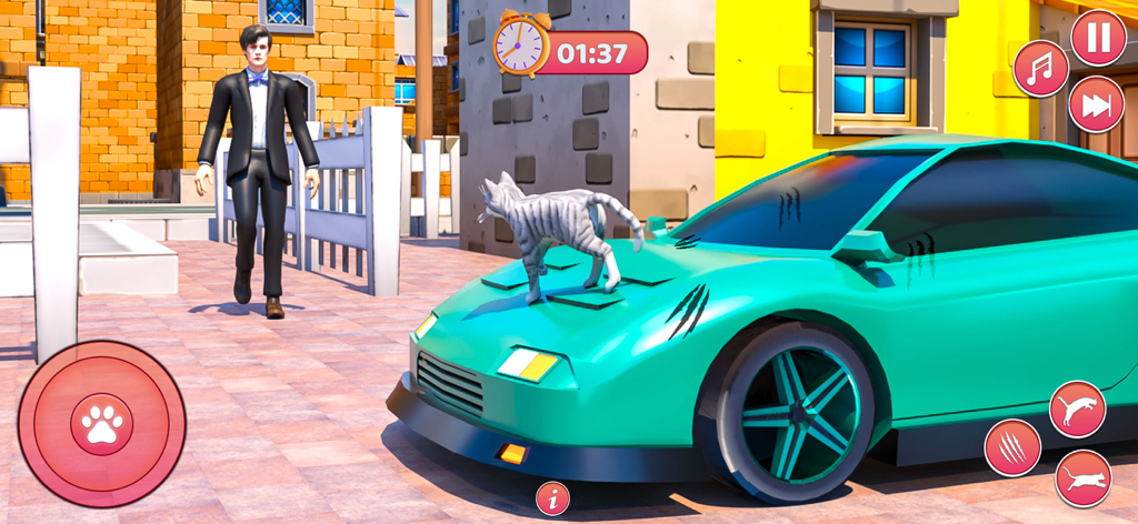 City kitty Life: Cat Simulator - City Kitty Lifeゲームで、傷のあるティール色の車の上に立っている灰色の猫