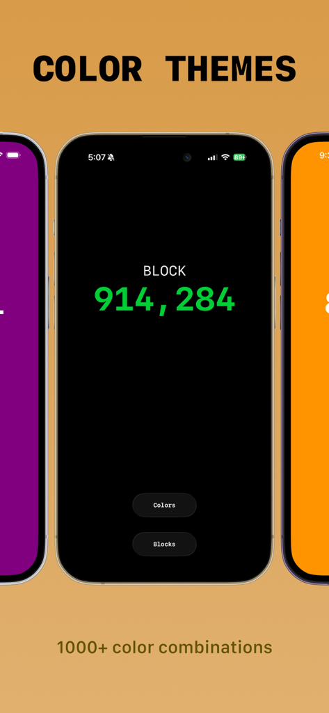 Block Screen: Bitcoin Widgets - Widgets de altura de bloque de Bitcoin con diferentes temas de color en pantallas de iPhone