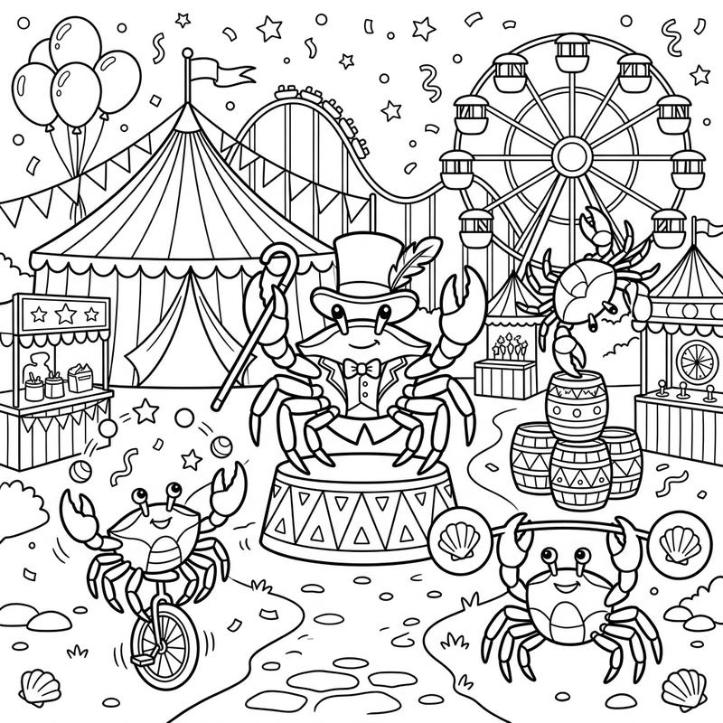 Get ready for a spectacular day at the fair with our charming Reef Crabs Carnival coloring page! Watch as these delightful crustaceans perform amazing feats amidst exciting rides and festive tents.