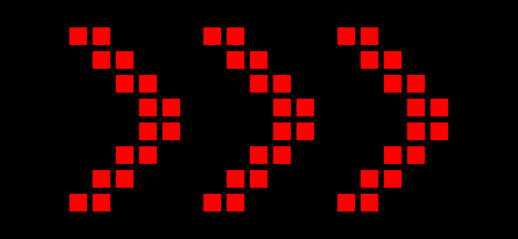 Police Lights & Police Siren - Three red pixelated arrows pointing right on a black background representing a traffic turn signal